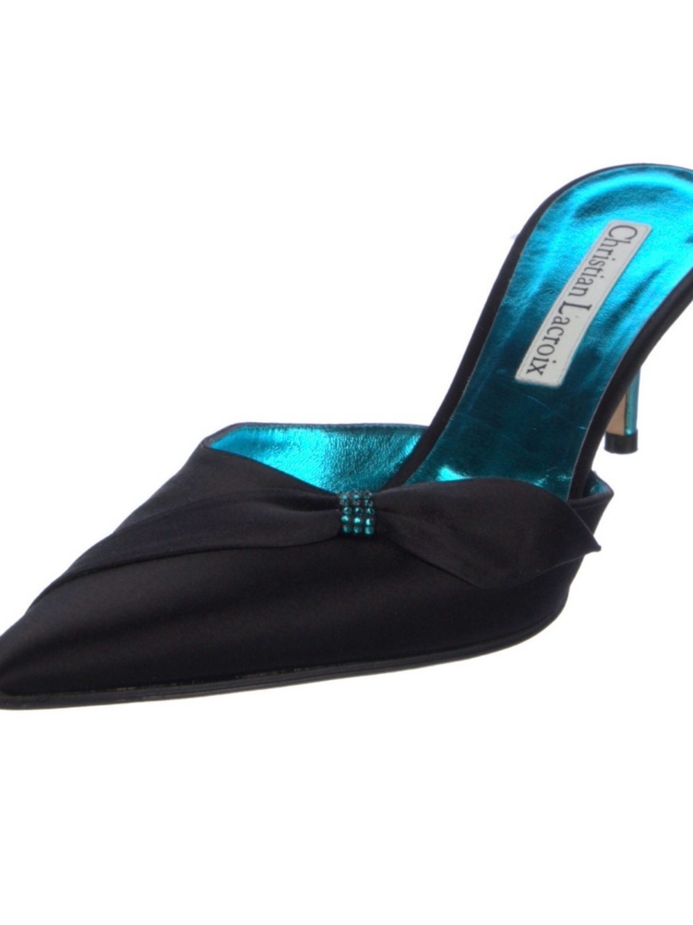 Christian Lacroix Black Satin Pointed-Toe Mules with Turquoise Insole - Picture 3 of 5